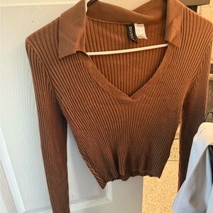 Divided Brown Ribbed V-Neck Crop Top